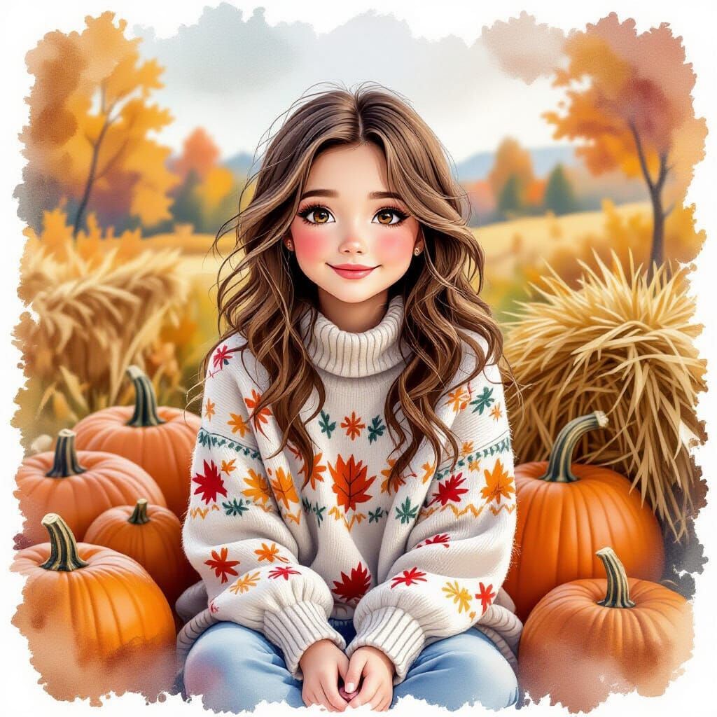 Sweet Girl in Autumn Watercolor Painting