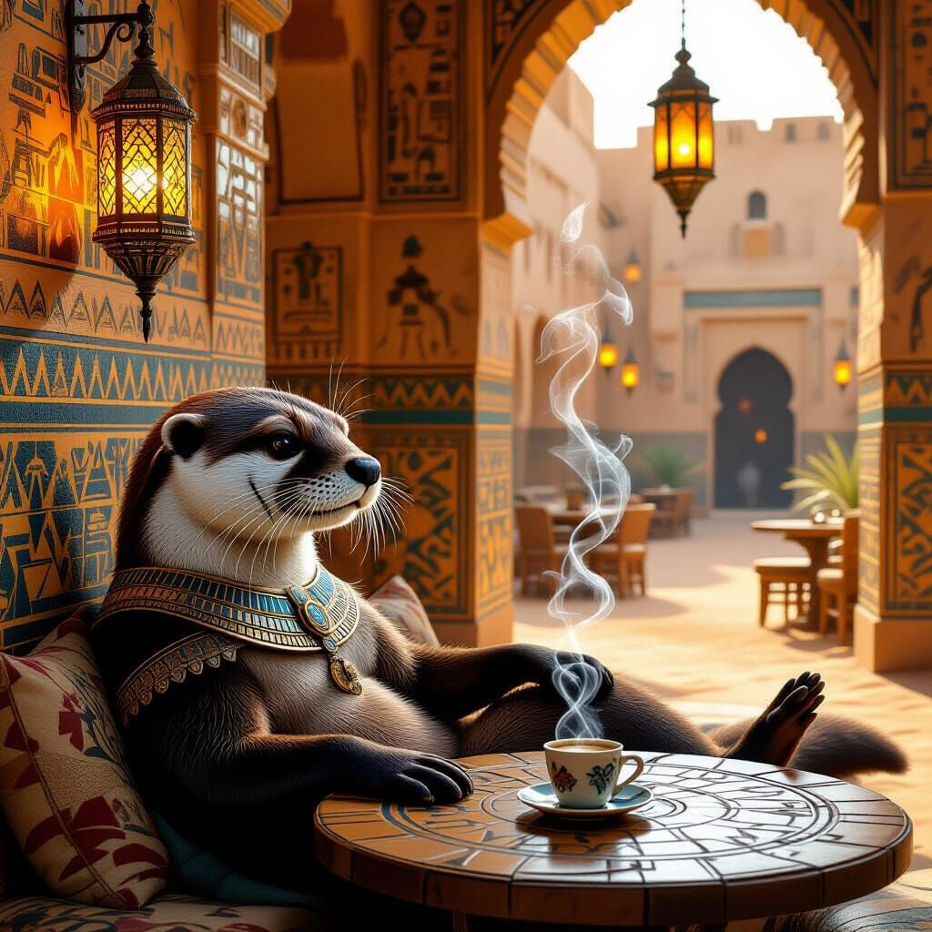 Otter Traveler in Mystical Desert Oasis Cafe