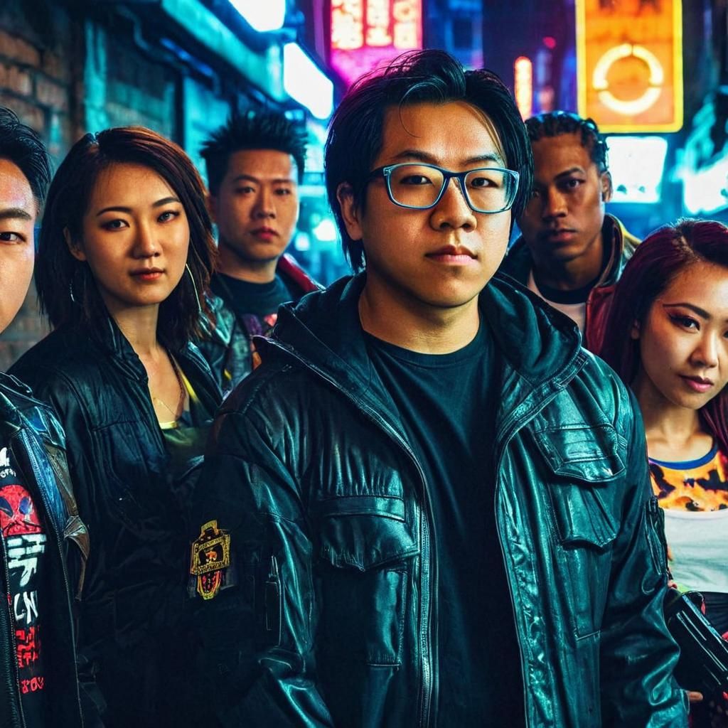 Cyberpunk Man Portrait with Neon Lights and Guns