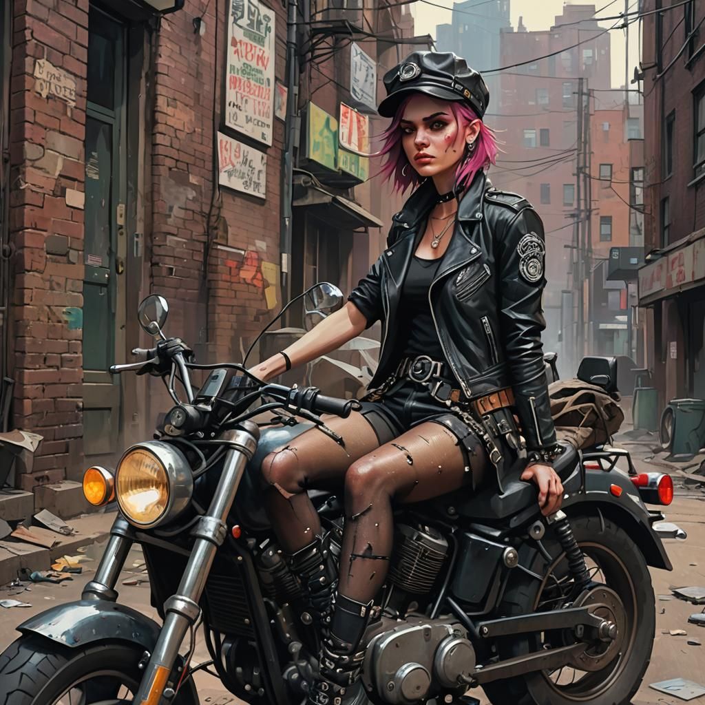 Punk Girl on Motorcycle in Dystopian Cyberpunk Style