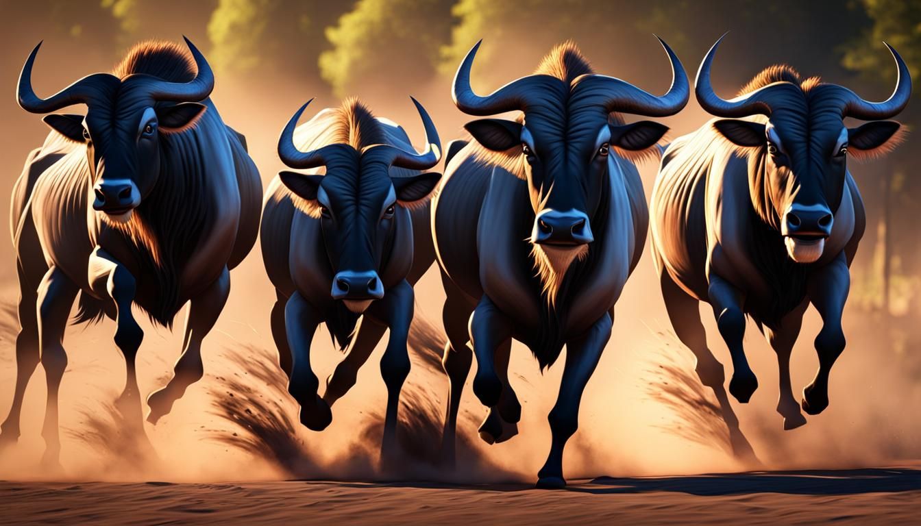 Scared Wildebeest Herd Running: Realistic 3D Rendering