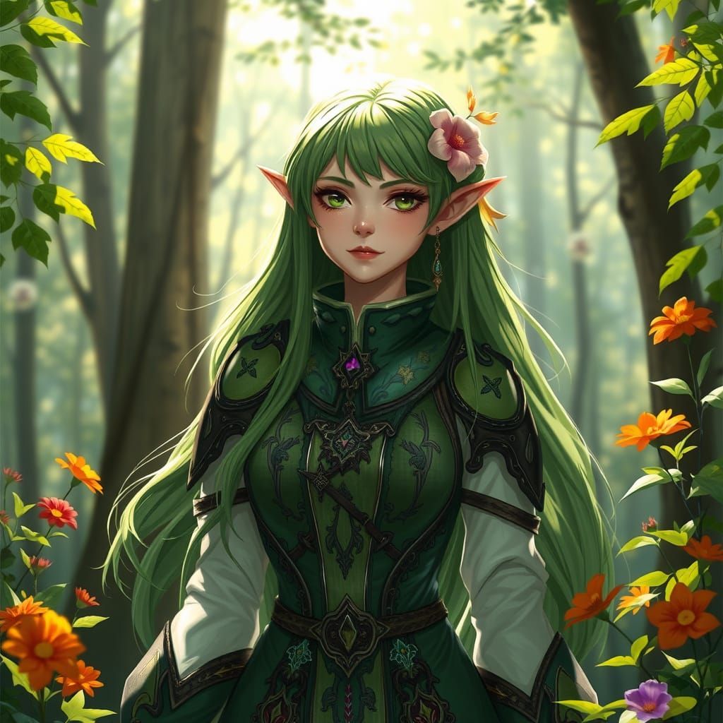 Ethereal Elven Maiden in Verdant Forest Regalia