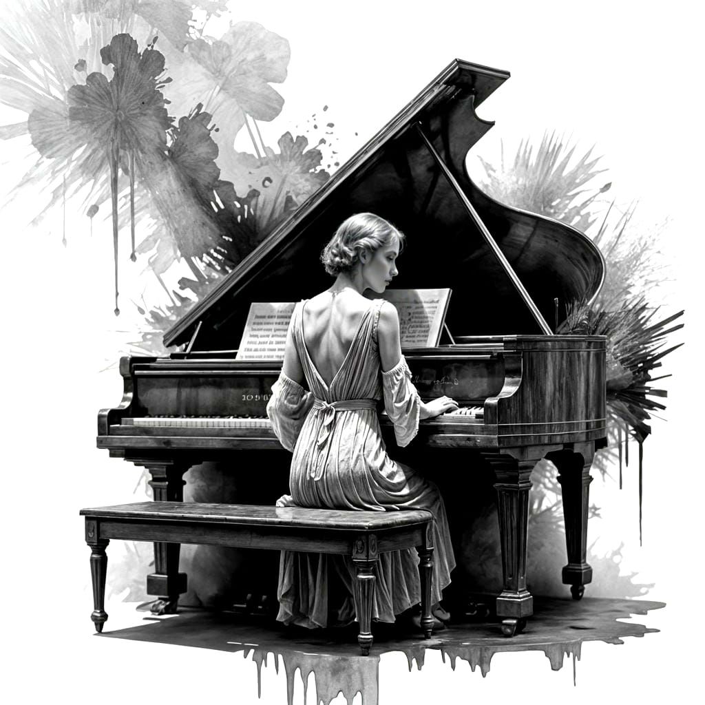 1930s Pianist: Monochromatic Surreal Watercolor Art