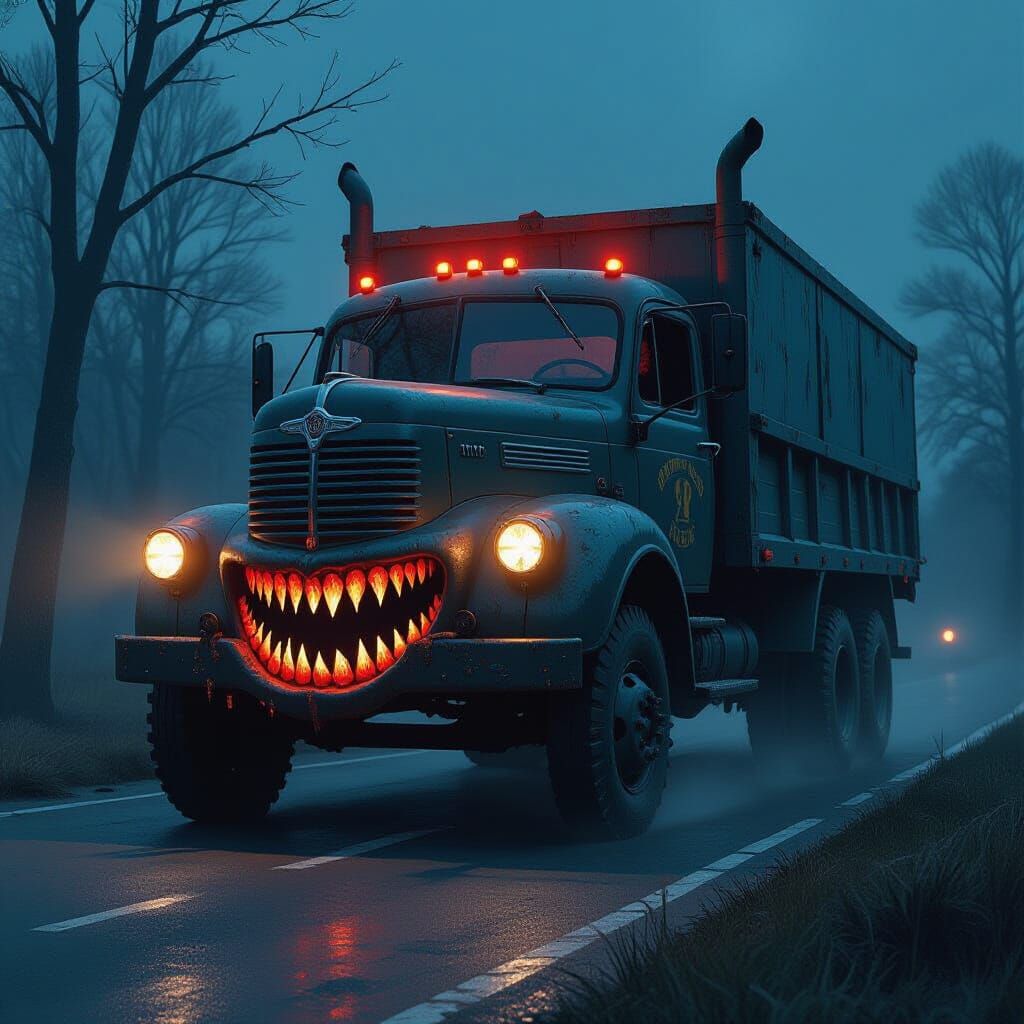 Creepy Truck with Jagged Mouth Illuminates Night