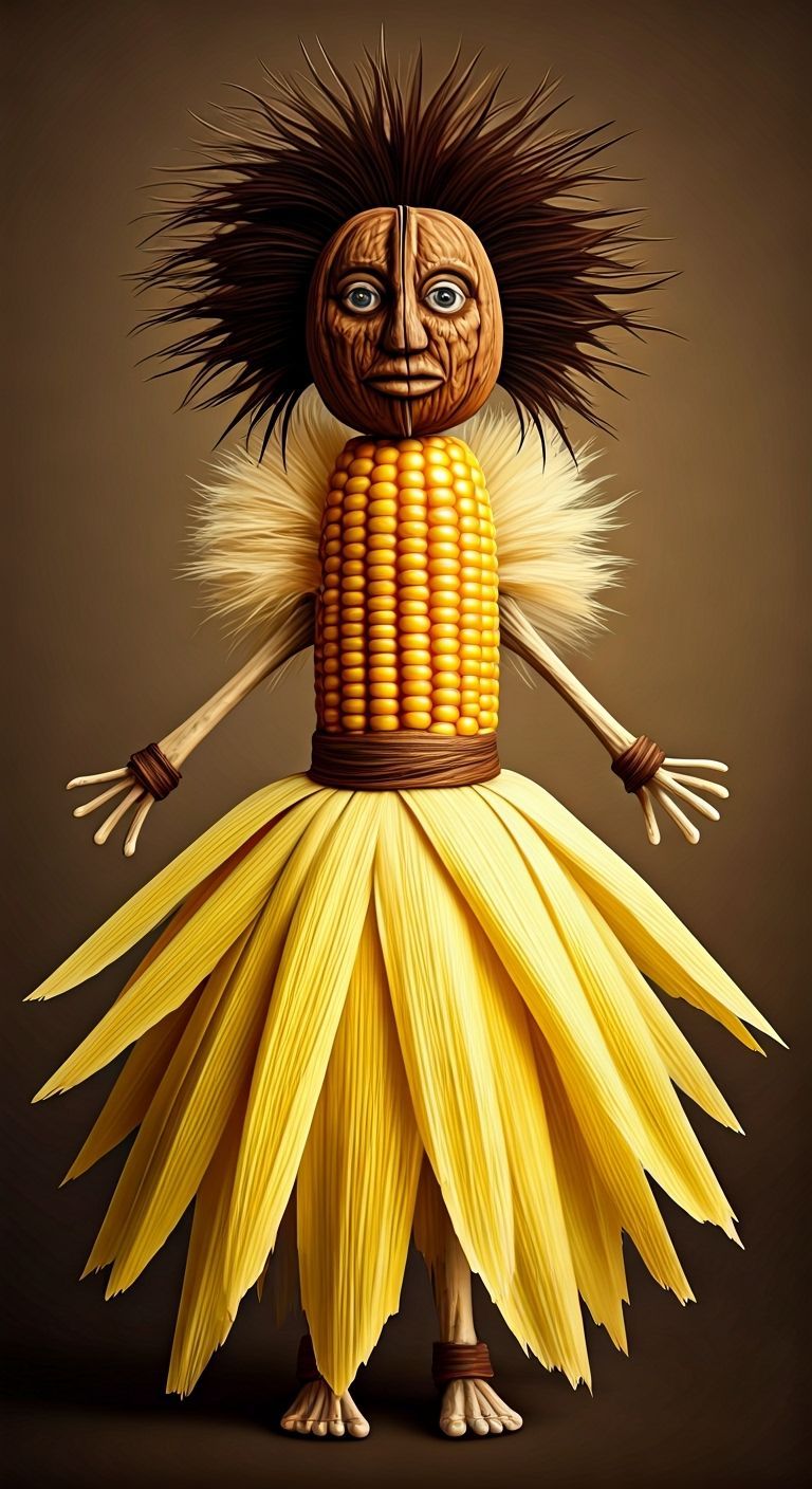 Whimsical Folk Art Corn Shuck Doll with Walnut Face