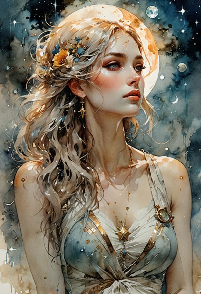 Girl on Crescent Moon Watercolor Dreamscape