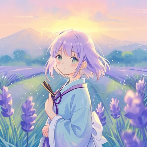 Lavender Haired Girl in Anime Watercolor Style
