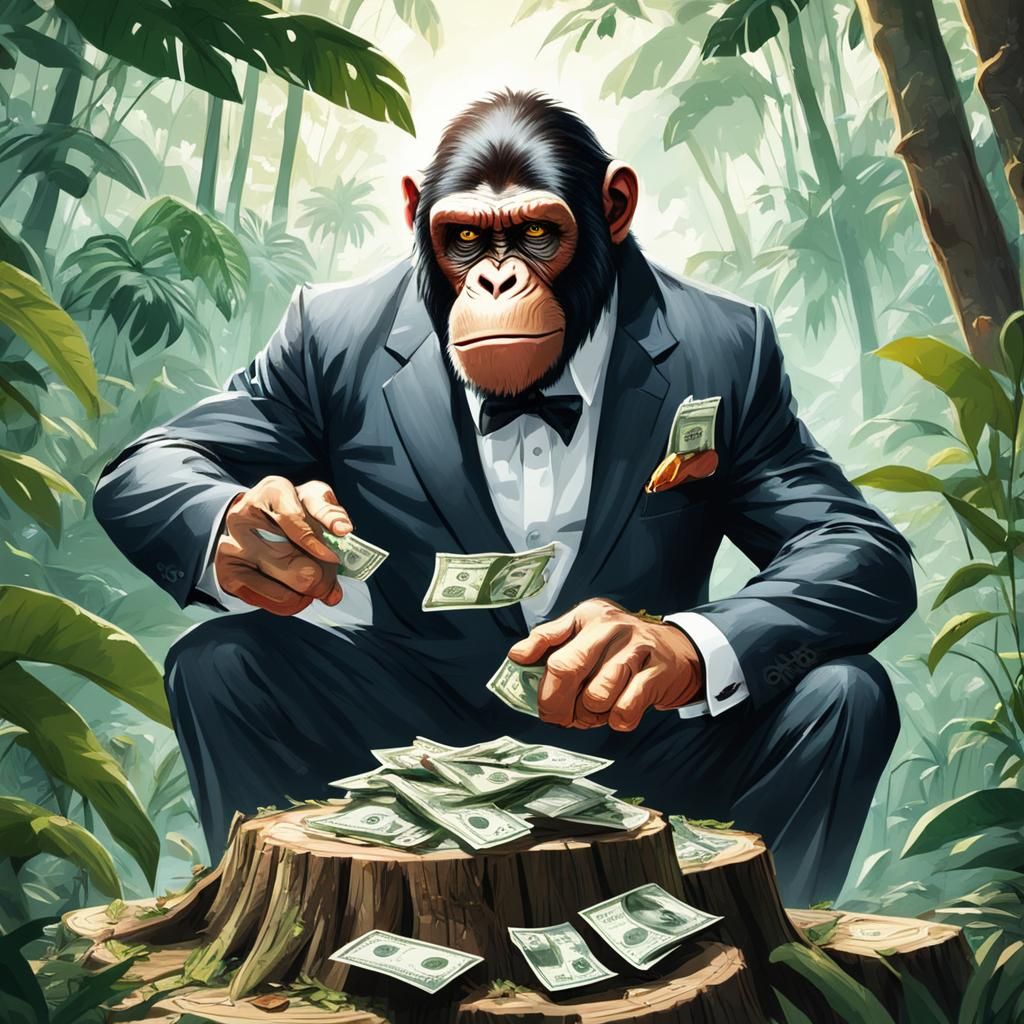 greedy gangster ape in a suit counting his money on a tree s...