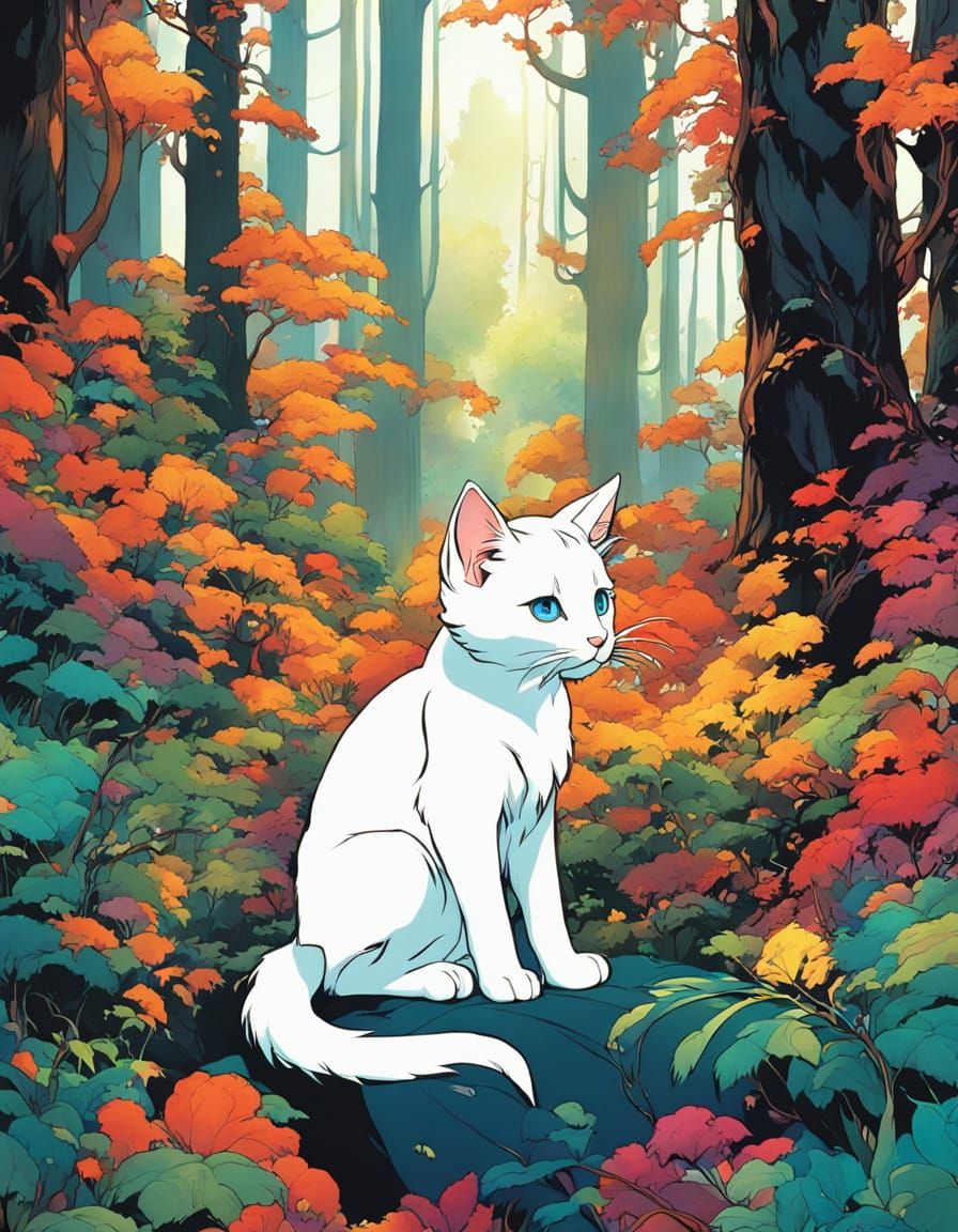 Whimsical Anime-Inspired Cat in a Dark Forest