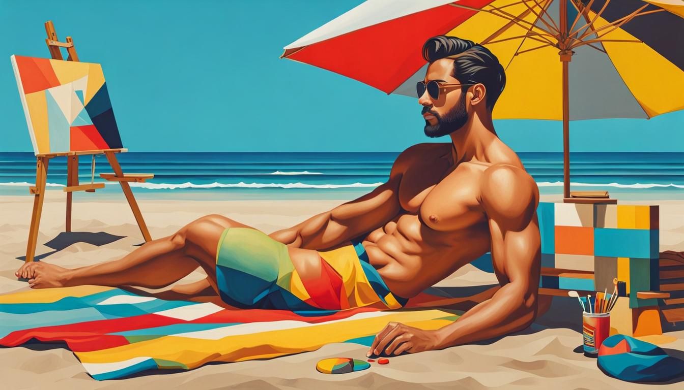 Nude Man Poses for Artist: Pop Art Beach Scene