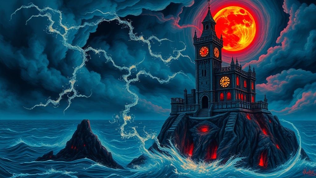Clock Tower Under Blood Moon: Airbrush Fantasy Art