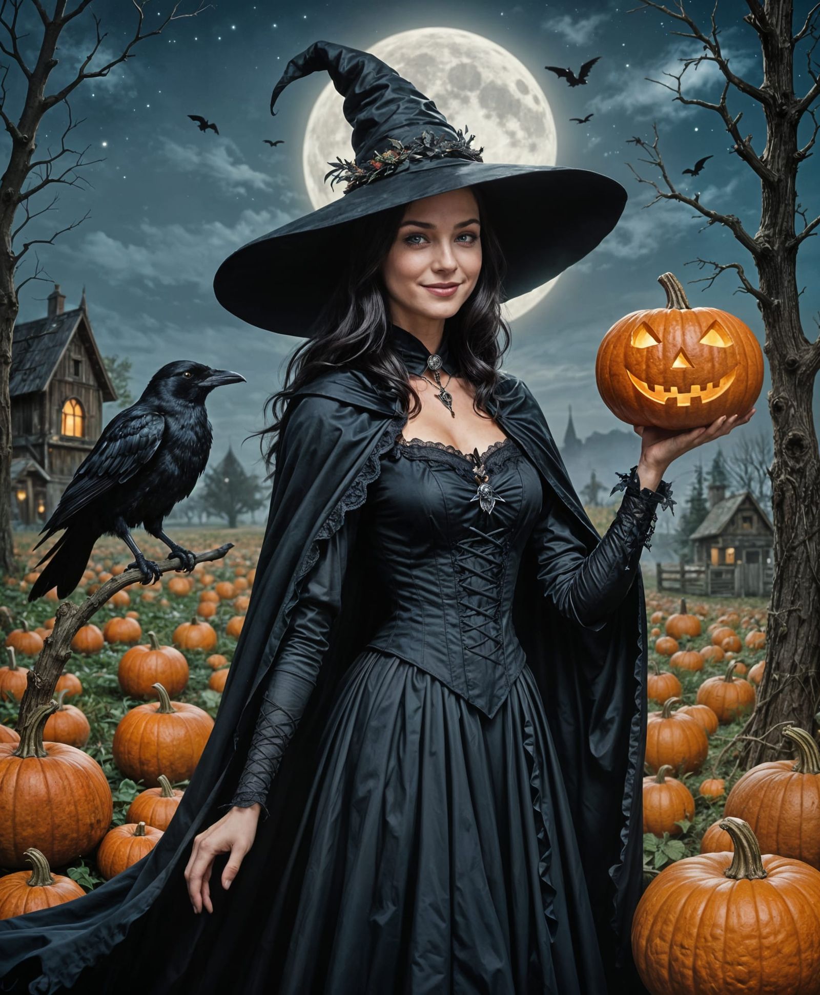 Witch and Raven in Moonlit Pumpkin Patch