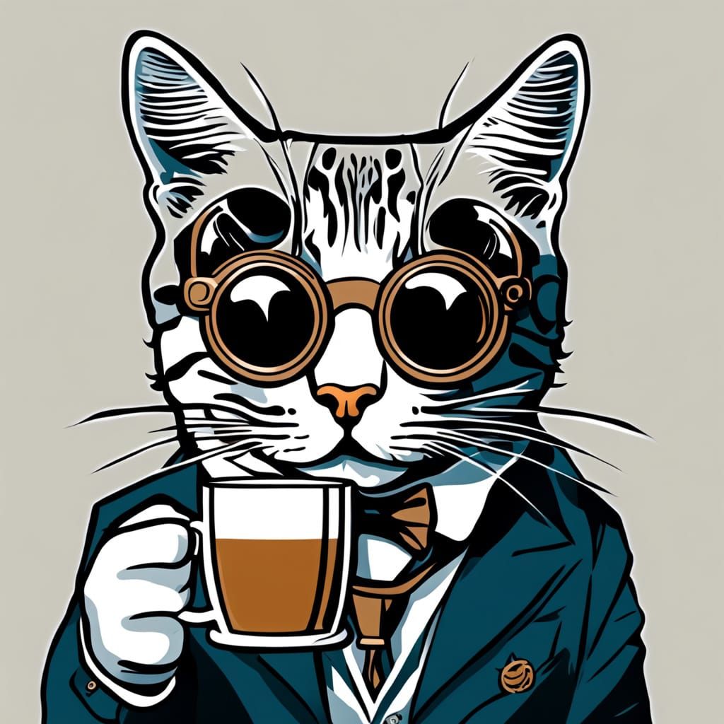 Cat with Monocle Enjoys Espresso
