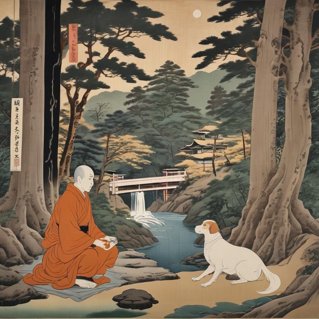 Monk Meditating in Forest: Ukiyo-e Style Woodblock Print