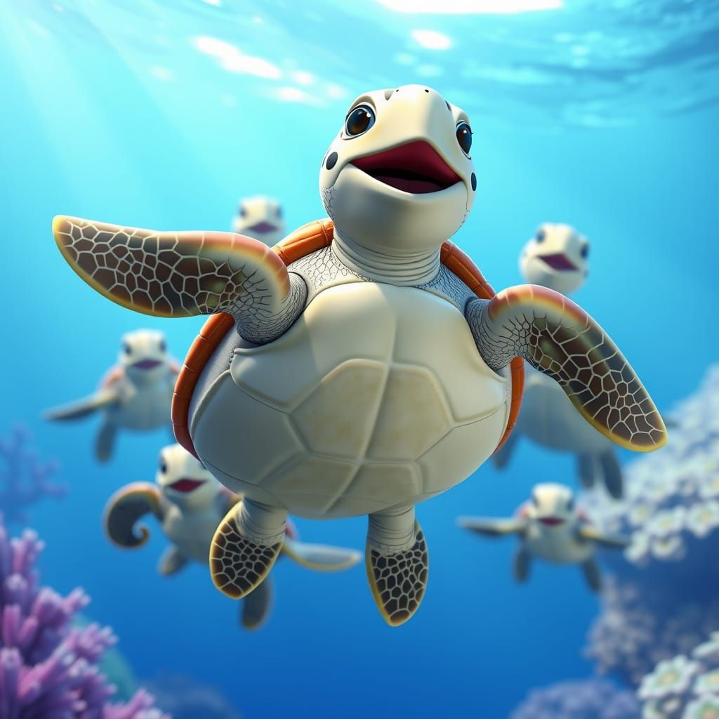 Singing Sea Turtle in Blue Water: 3D Digital Art