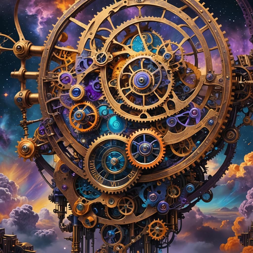 Surreal Clockwork Gears Dissolving into Cosmic Clouds