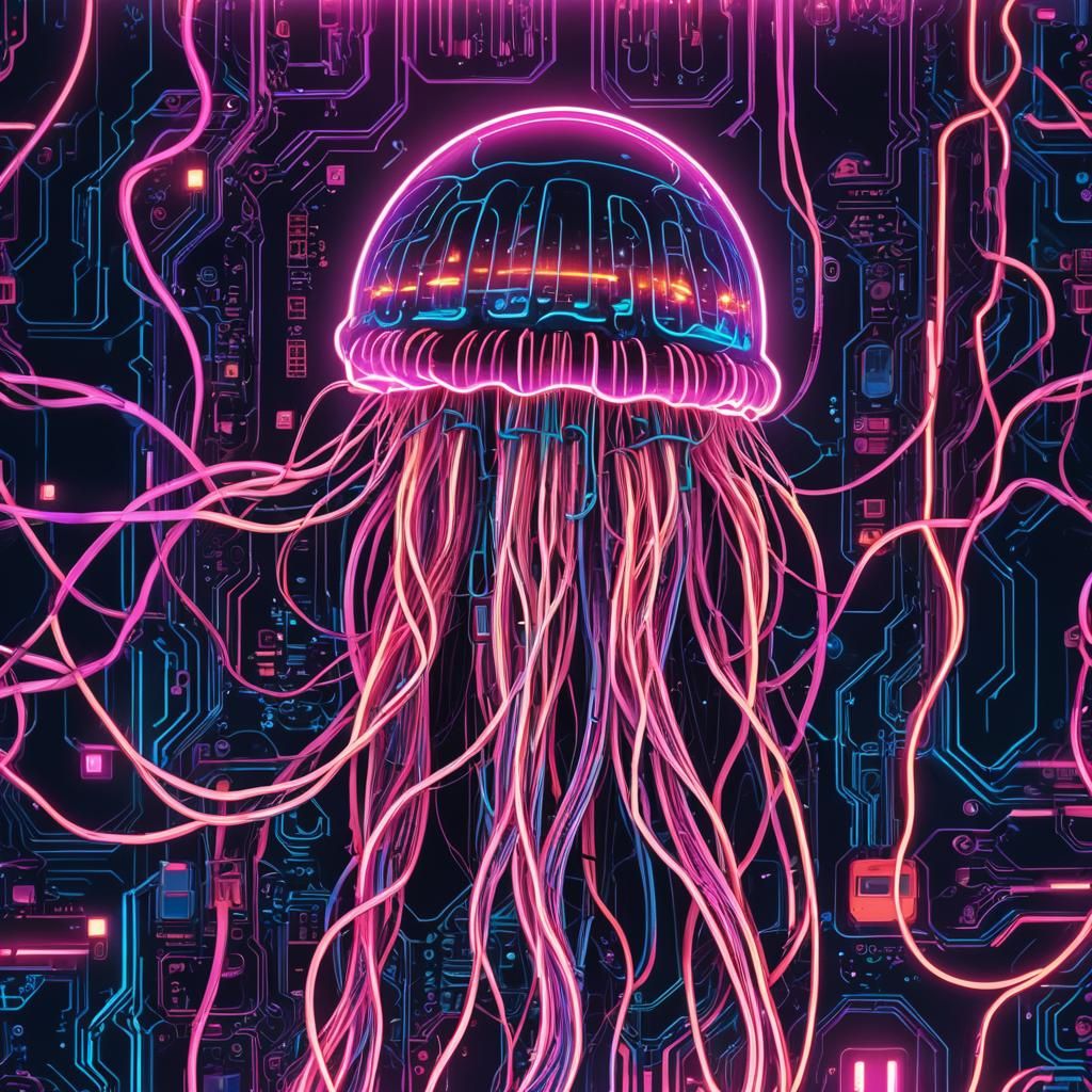 Synthwave Computer on Ocean Floor in Cyberpunk Style