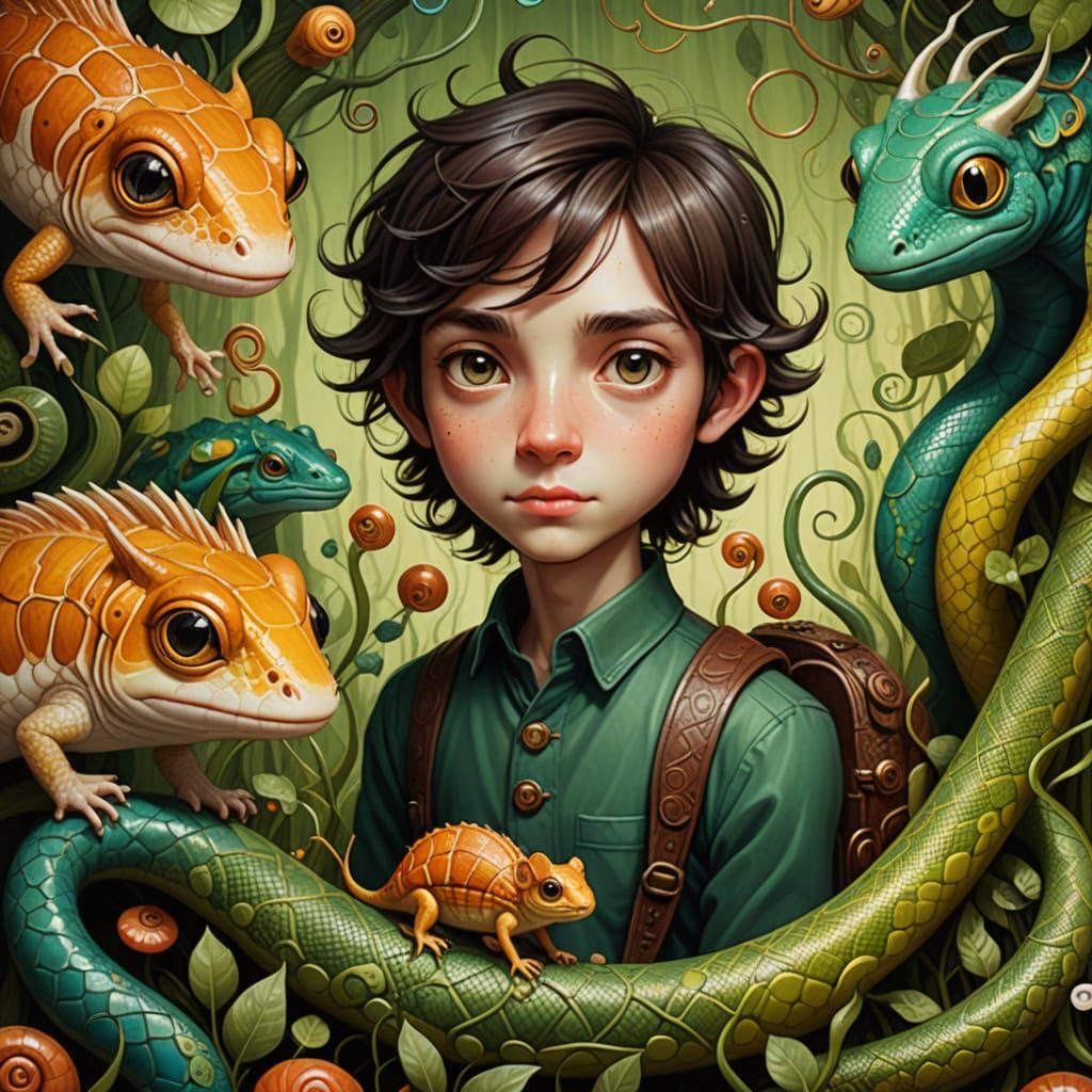 A Whimsical Boy Rides a Lizard Amidst Fantastical Creatures