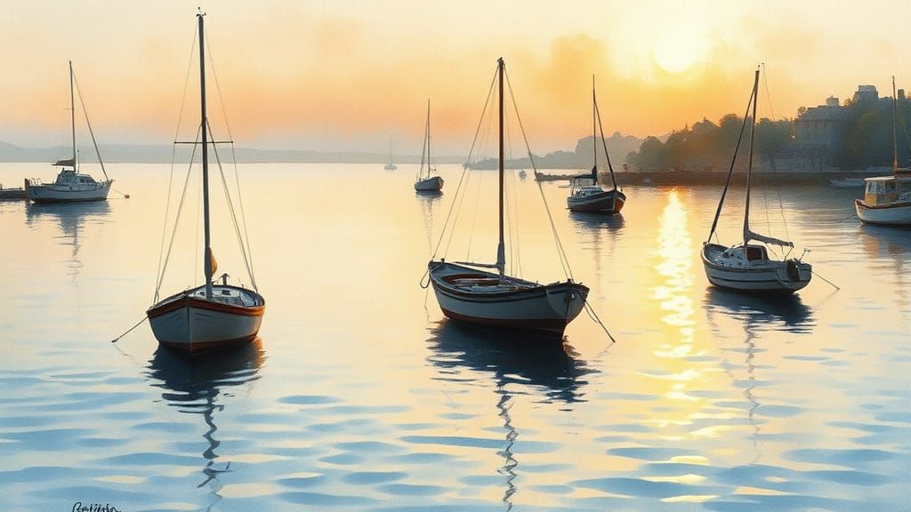 19th-Century Watercolor Harbor Scene at Twilight