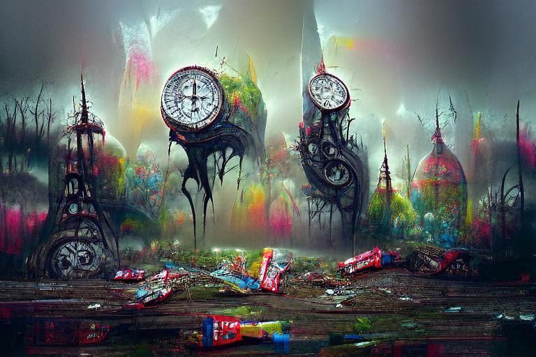 Surreal Broken Clocks in Dark Digital Art Style