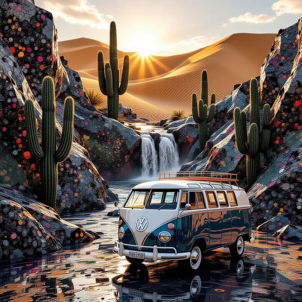 Surreal Plastic Landscape with Flowering Cacti and Waterfall