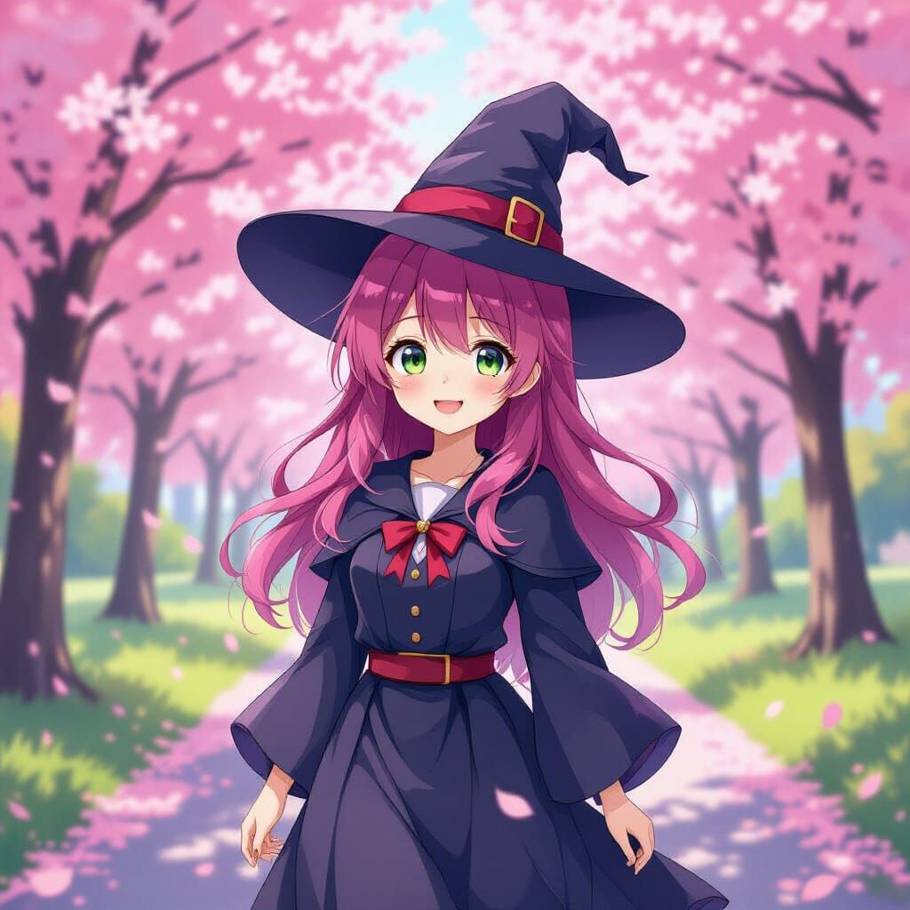 Anime Witch with Pink Hair in Sakura Park