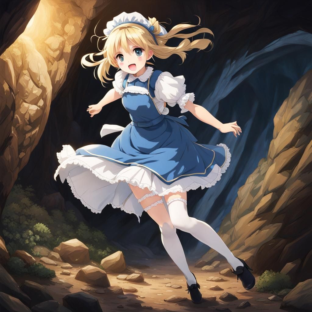 Anime Girl Free Falling in Cave