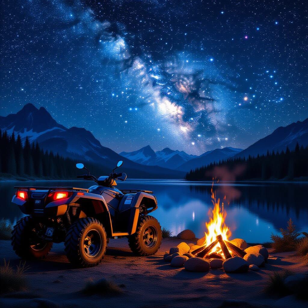 Campfire and ATV by Lake Under Starry Night Sky