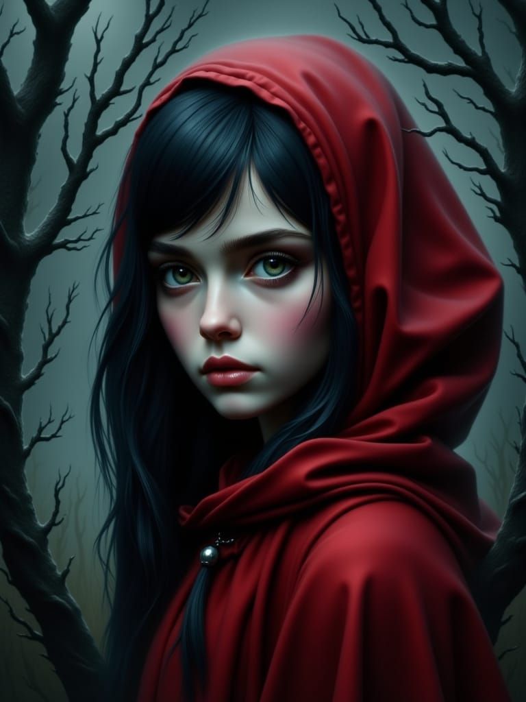 Ethereal Little Red Riding Hood in Dark Forest Splendor