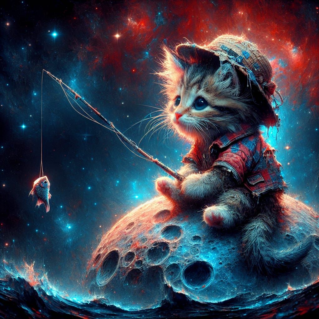 Kitten Fisherman on the Moon: Fantasy Concept Art
