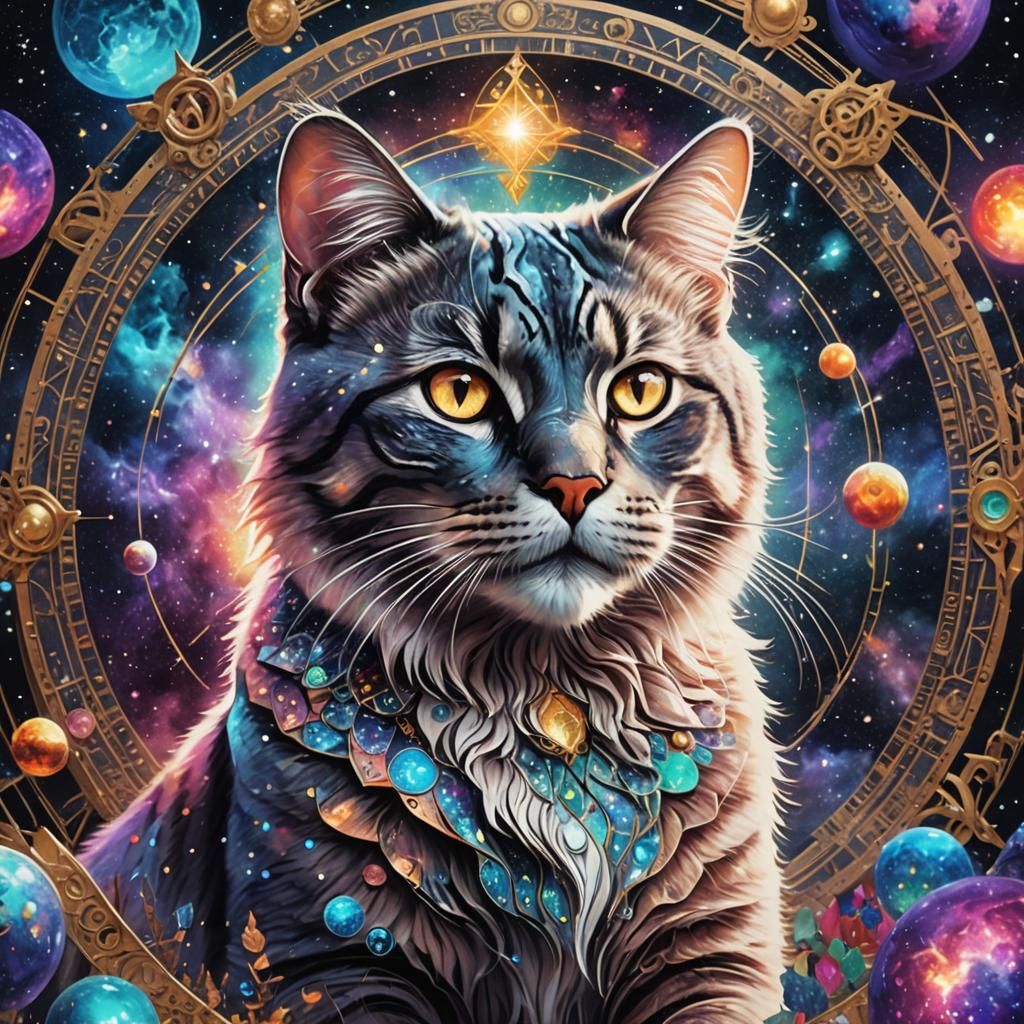 Cosmic Cat in Psychedelic Astral Illustration