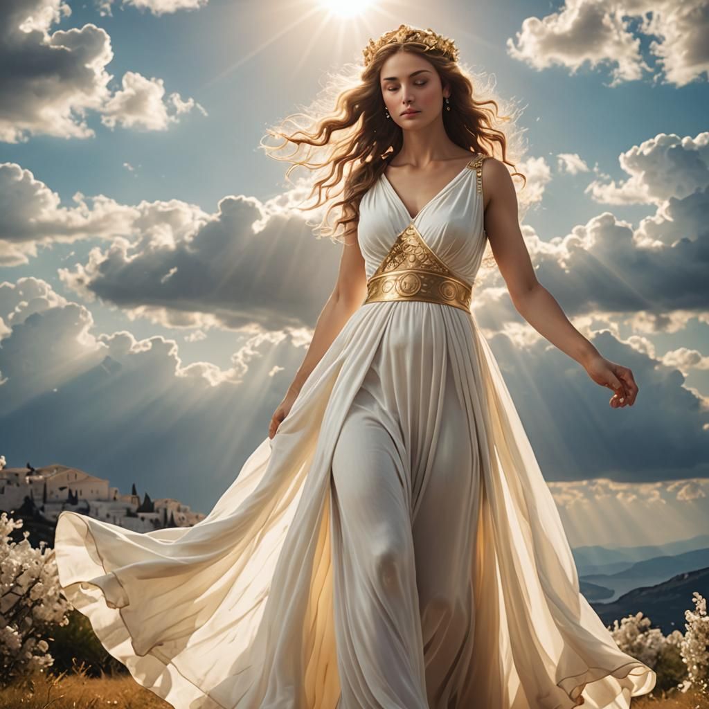 Greek Goddess in a beautiful long gown. heavenly sunshine be...