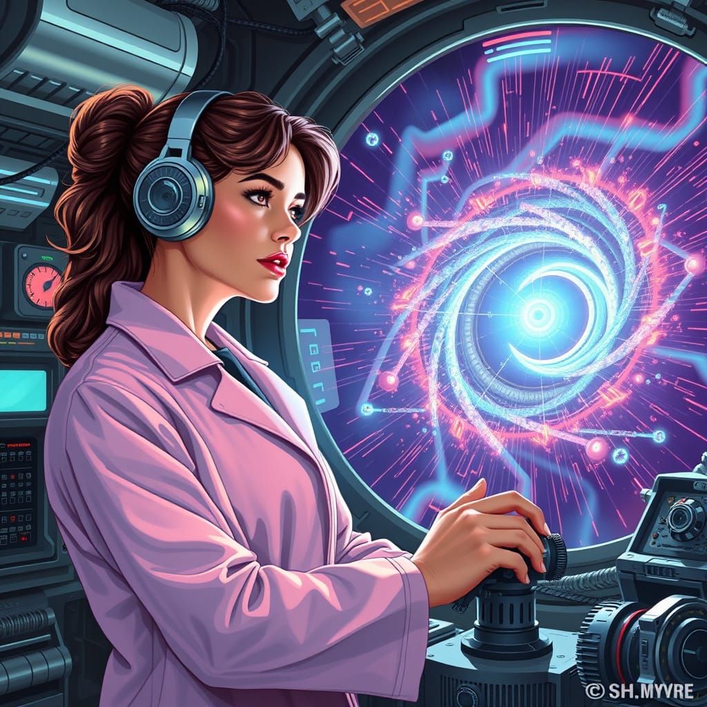 Woman Observing Subatomic Particles in Retro-Futuristic Styl...