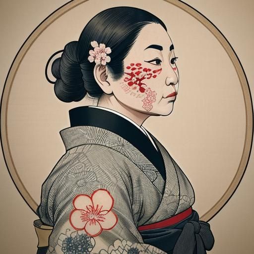 Ukiyo-e Portrait of Tattooed Woman in Kimono