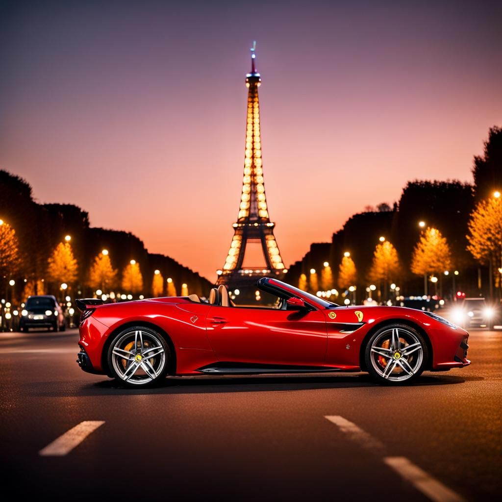 Red Ferrari Drives Past Twinkling Eiffel Tower
