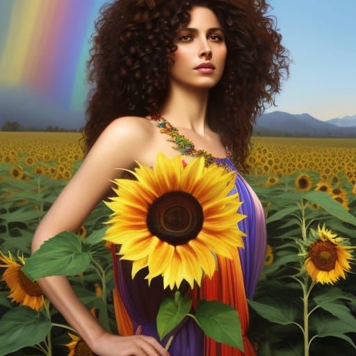 Italian Woman in Rainbow Sunflower Field Portrait