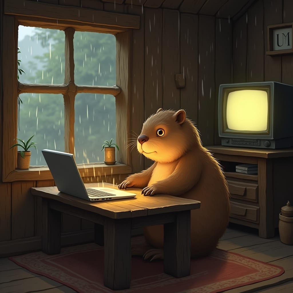 Beaver in Cozy Wooden Cabin, Laptop and Vintage TV
