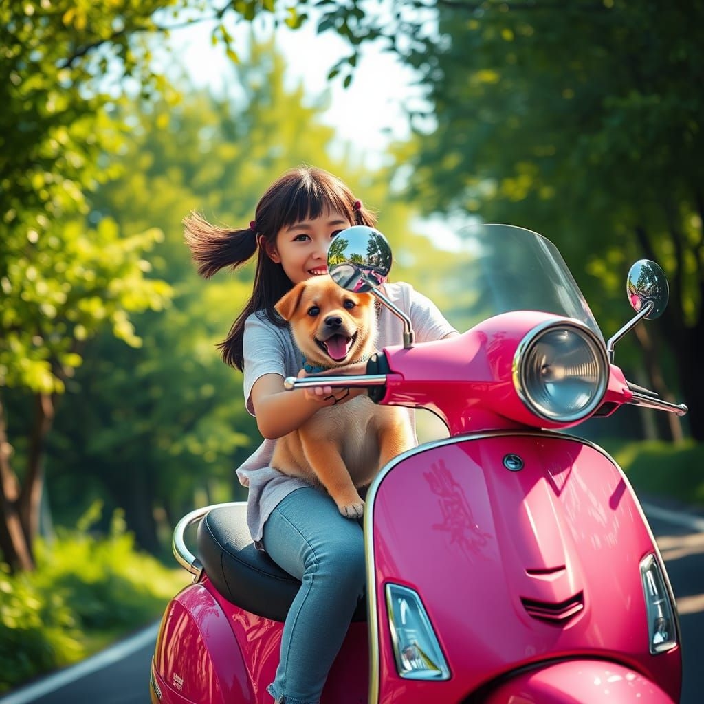 Girl on Vespa with Puppy: Fantasy Concept Art