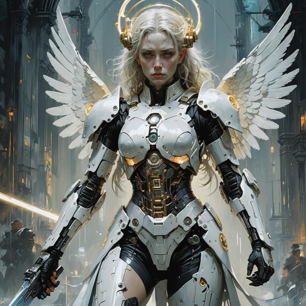 A beautiful cyborg angel in battle