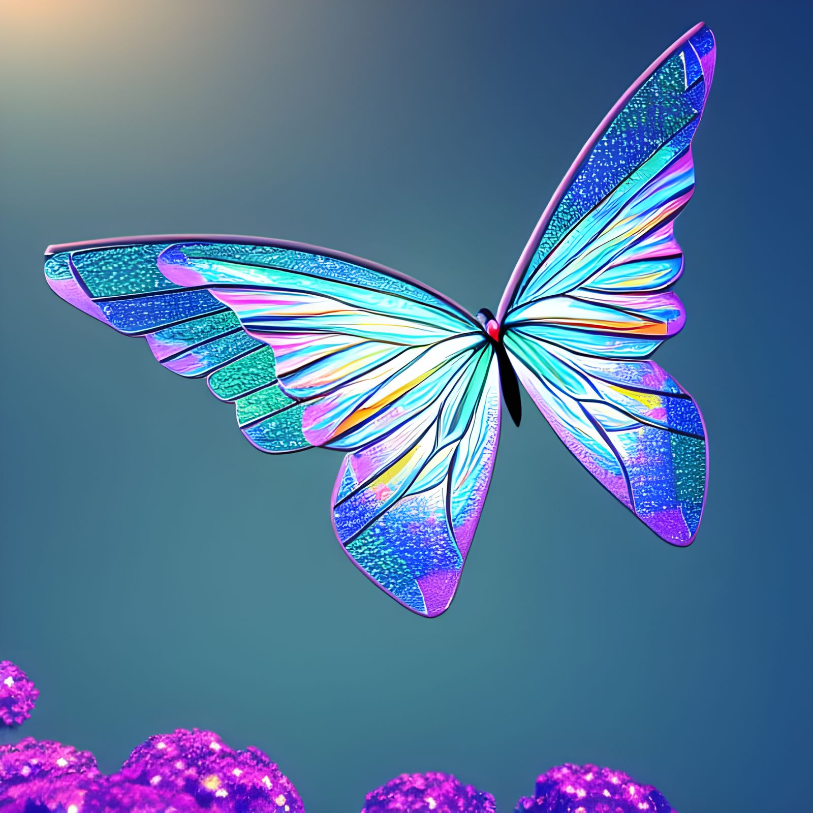 Stained Glass Butterfly Soaring Through Sparkle Sky