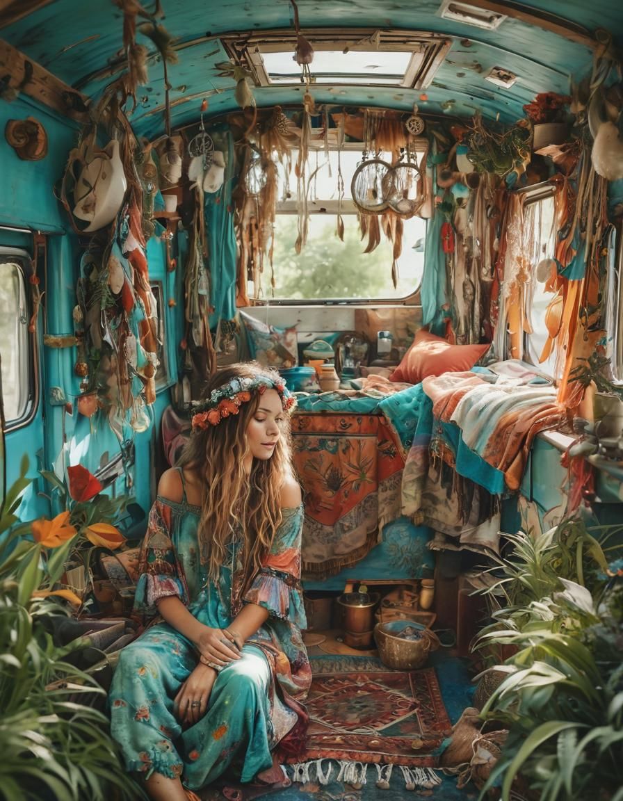 Bohemian Woman in Cozy Trailer, Watercolor Art