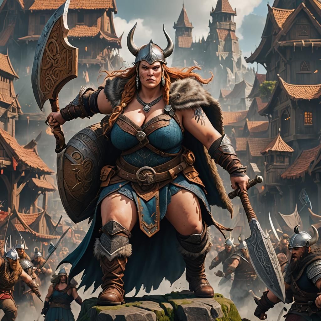 Giant Viking Warrior Woman: Detailed Matte Painting