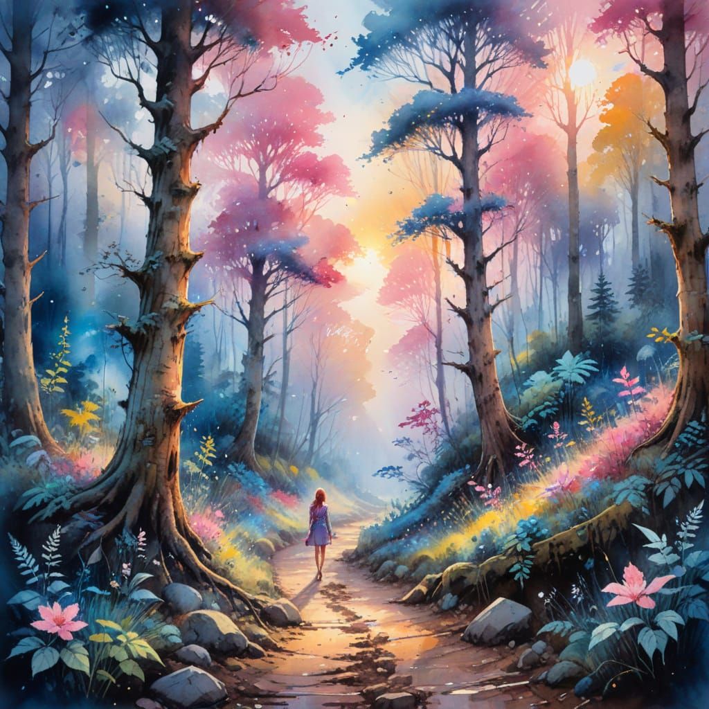 Surreal Sunset Forest Scene in Dreamy Watercolour Style