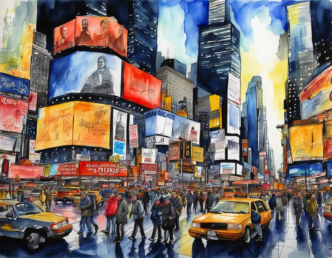 Times Square: Watercolor and Brush Pen Impression