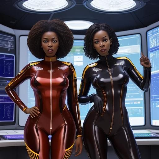 Two STUNNING BEAUTIFUL African women in super tight, transparent latex uniforms are in the control room. They are wearin...