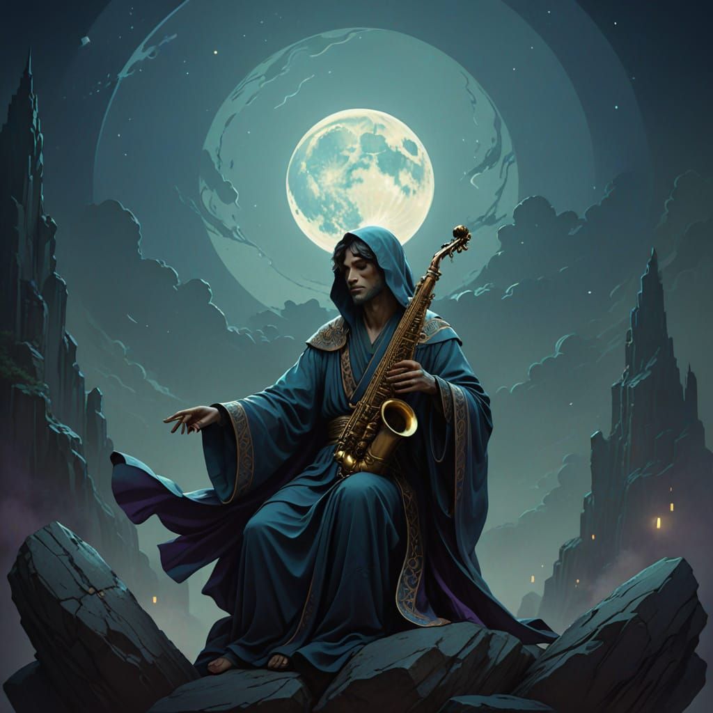 Mysterious Saxophonist in Luminous Moonlight
