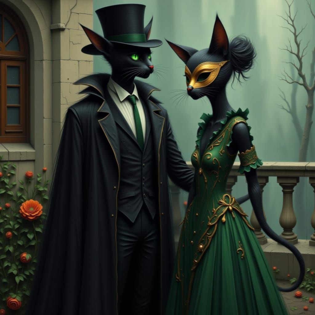 Elegant Masquerade Cats on a Balcony