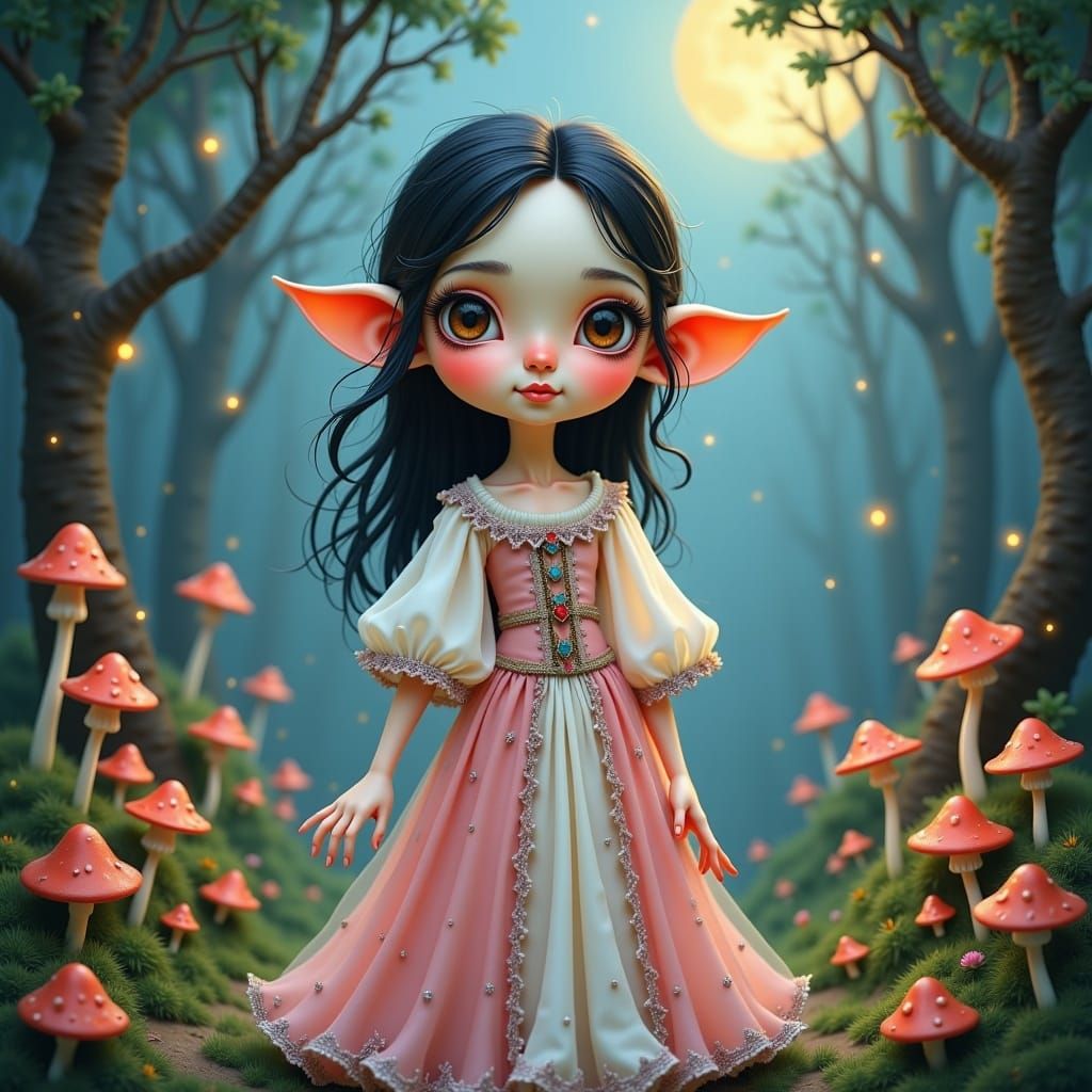 Elf Girl in Moonlit Forest, Folk-Art Aesthetic