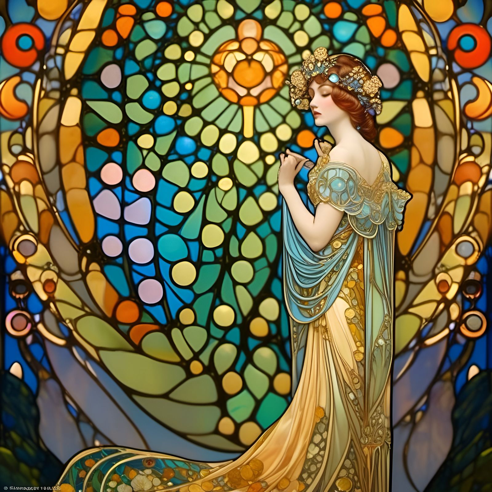 Regal Woman in Forest: Art Nouveau Portrait