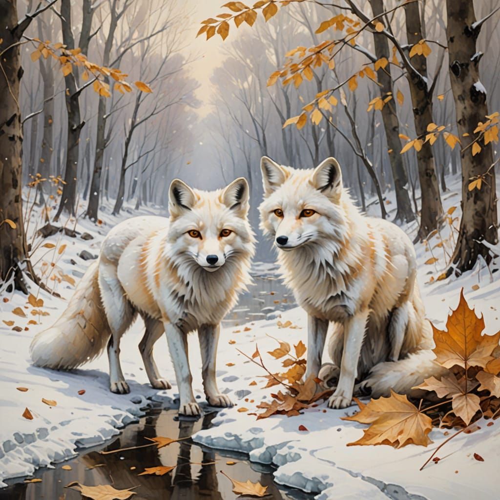 White Foxes in Snowy Landscape, Watercolor Painting